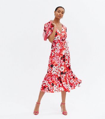 Red Floral Tiered Midi Wrap Dress | New ...